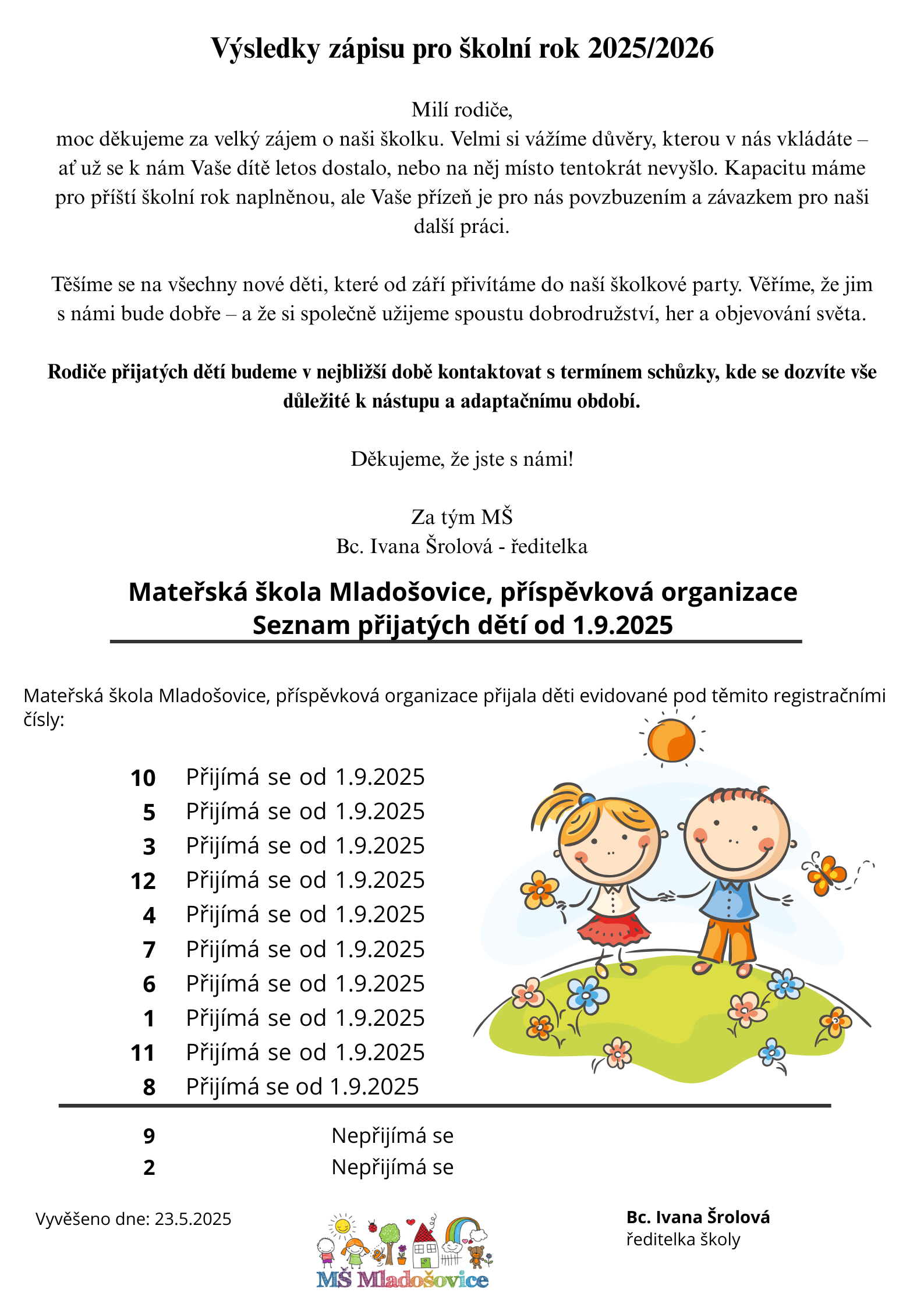 Zápis pro školní rok 2025/2026